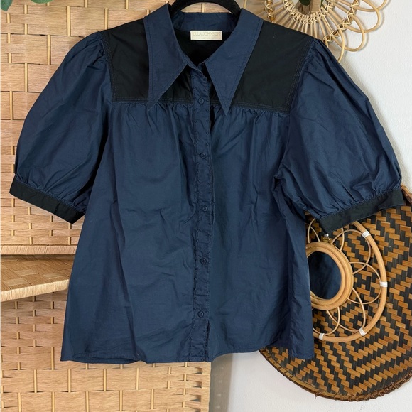Ulla Johnson Freja Top Twilight Colorblock Blue Black Button Down Top Size 10 - Picture 2 of 7